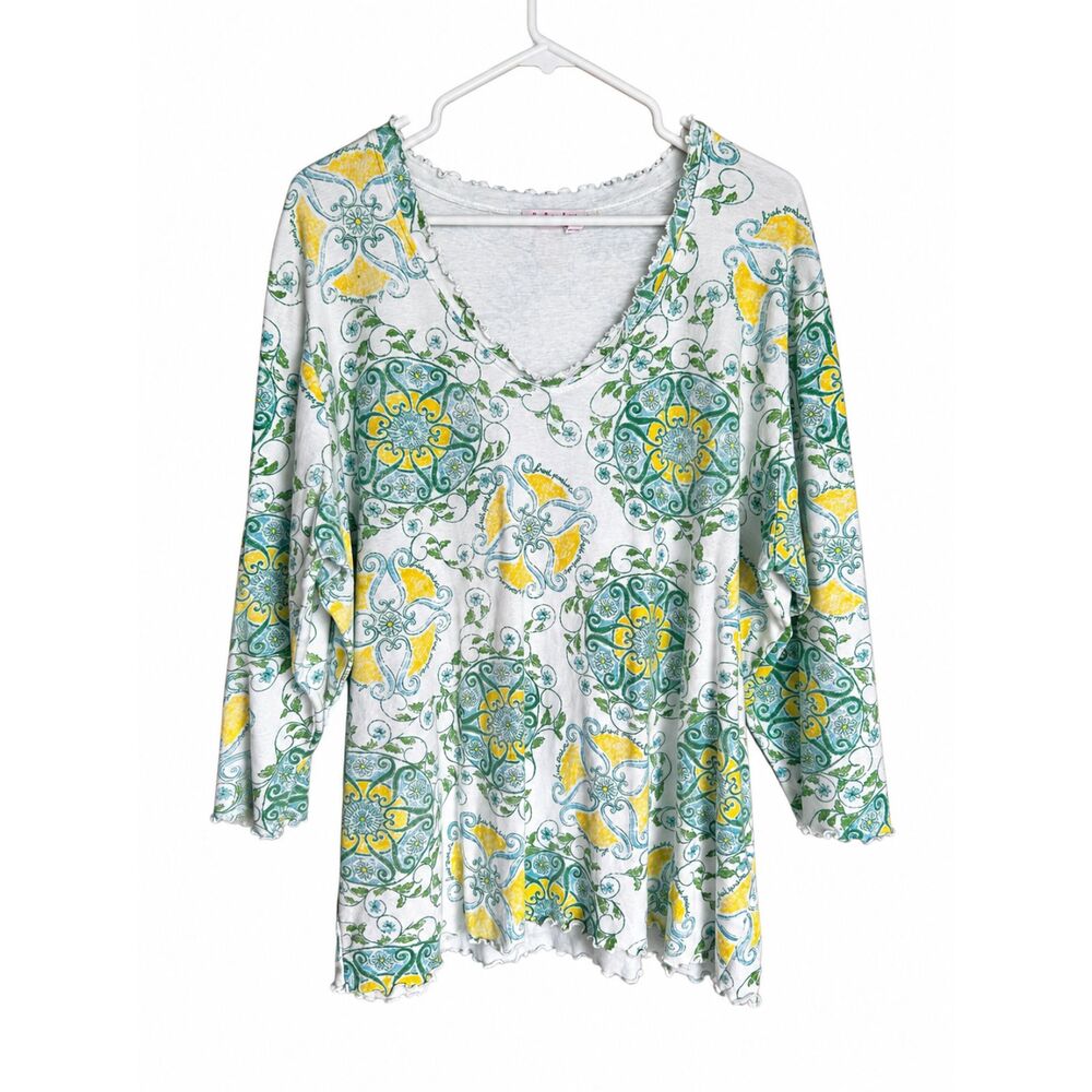 Fresh Produce 2X Green Yellow Floral Medallion Print V Neck Top